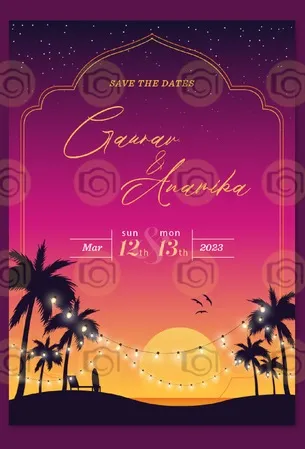 Tropical Themed Save The Date Card Design With Palm Trees And A Colorful Sunset